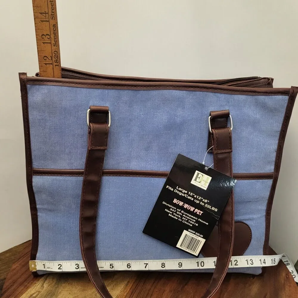 Bow-Wow Pet Carrier Large 15” x 12” x 8” Pets Up to 22lbs Blue Corduroy Unused